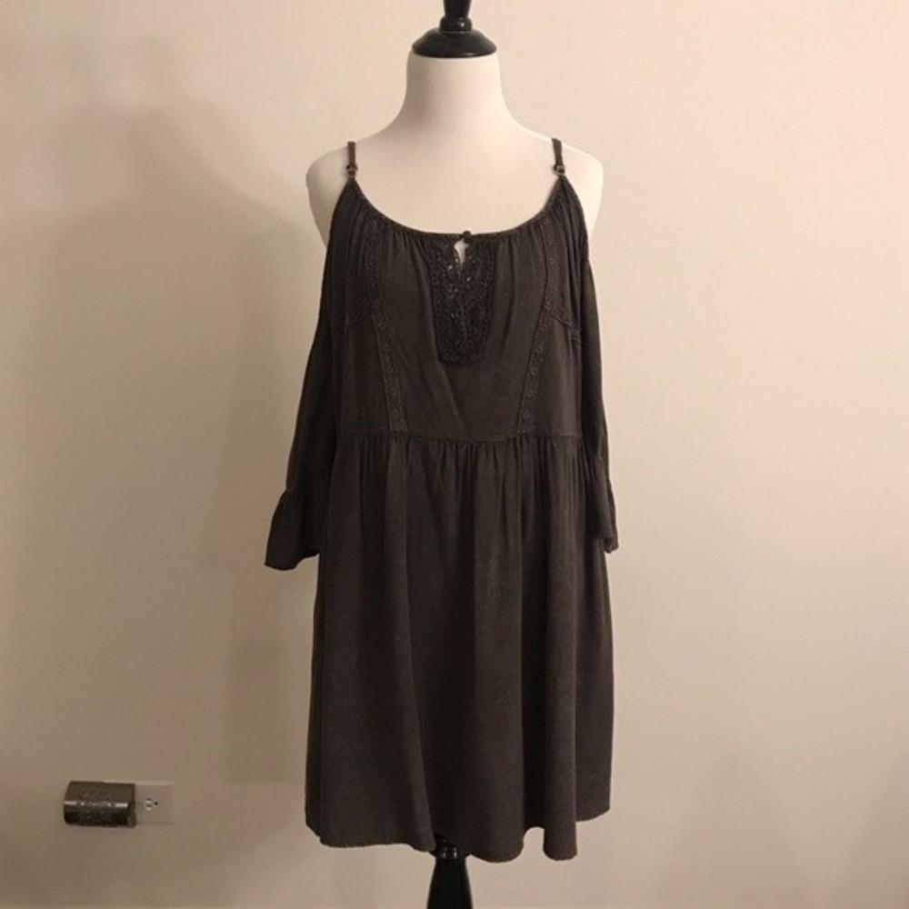 Umgee Brown Boho Cold Shoulder Bell Sleeve Dress - Size Small